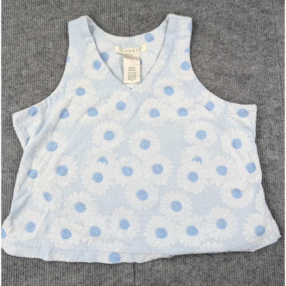 Vintage Cypress Tank Womens Medium Blue FLoral Knit Coastal Terry Retro Y2K